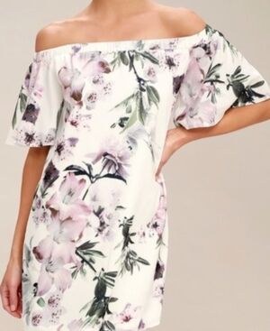 Lulu's White Floral Cold Shoulder Mini Dress with Blush Accents